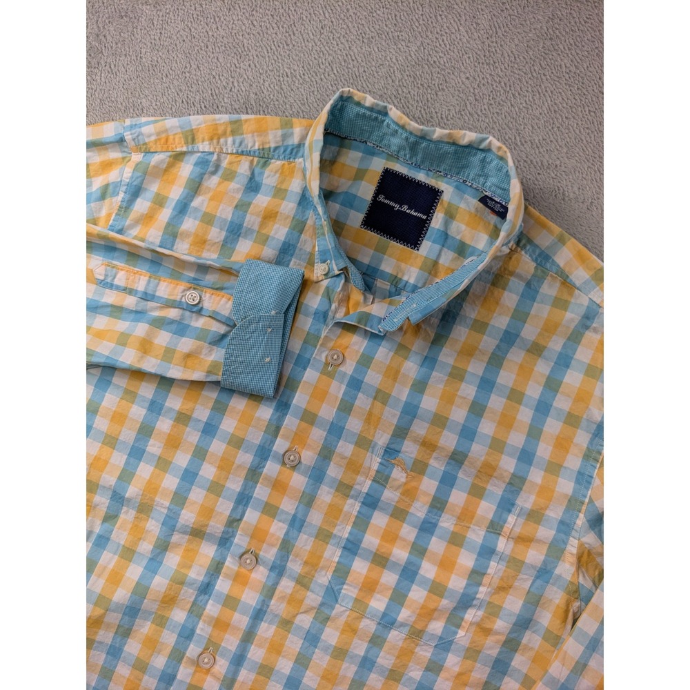 Tommy Bahama Mens Large Pima Cotton Gingham Button Down Shirt Yellow Teal White